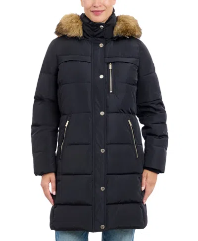 Michael Kors Michael  Women's Plus Size Faux-fur-trim Hooded Puffer Coat, Created For Macy's In Black