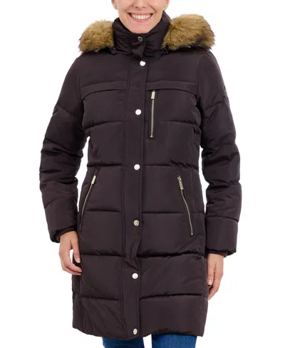 Michael Kors Michael  Plus Size Faux-fur-trim Hooded Puffer Coat, Created For Macy's In Chocolate