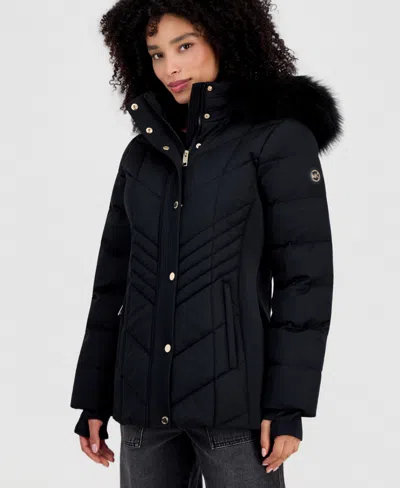 Michael Kors Michael  Petite Faux-fur-trim Hooded Puffer Coat, Created For Macy's In Black