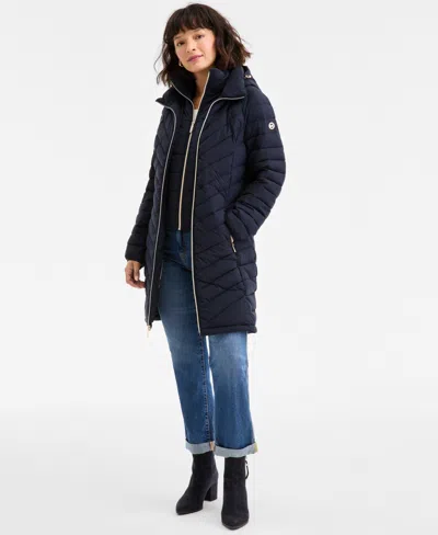 Michael Kors Michael  Petite Hooded Bibbed Puffer Coat In Blue