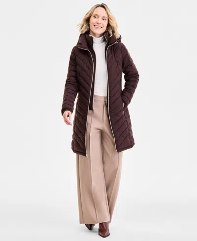 Michael Kors Michael  Petite Hooded Bibbed Puffer Coat In Brown