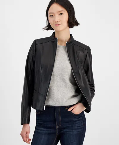 Michael Kors Michael  Petite Leather Racer Jacket In Black