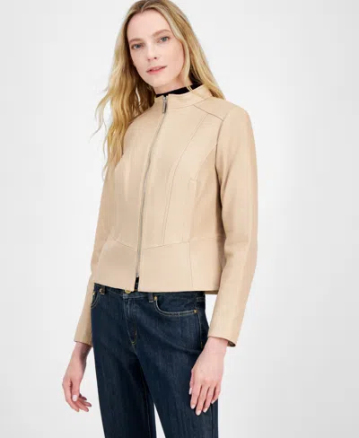 Michael Kors Michael  Petite Leather Racer Jacket In Taupe