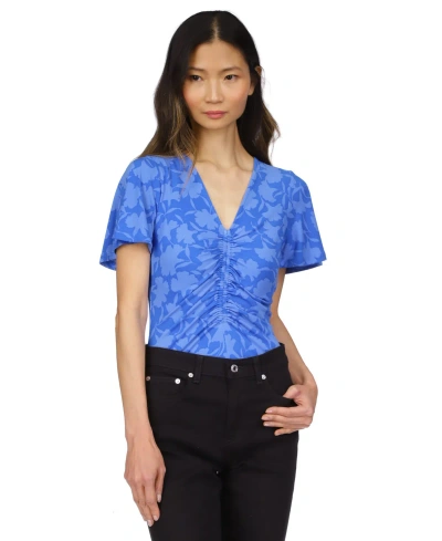 Michael Kors Michael  Petite Printed Ruched Flutter-sleeve Top In Grecian Blue