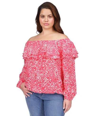 Michael Kors Michael  Plus Size Animal-print Off-the-shoulder Top In Deep Pink