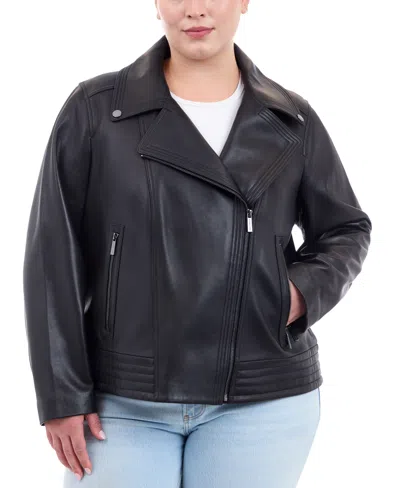 Michael Kors Michael  Plus Size Asymmetric Leather Moto Coat In Black