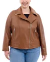 Michael Kors Michael  Plus Size Asymmetric Leather Moto Coat In Luggage