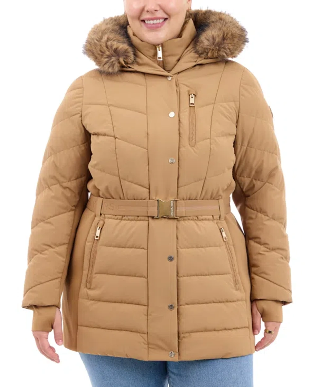 Michael Kors Michael Plus Size Belted Faux-fur-trim Hooded Puffer