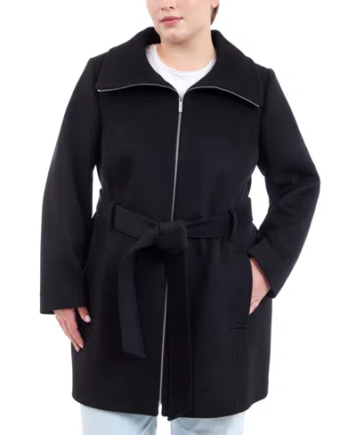 Michael Kors Michael  Plus Size Belted Zip-front Coat, Created For Macy's In Black