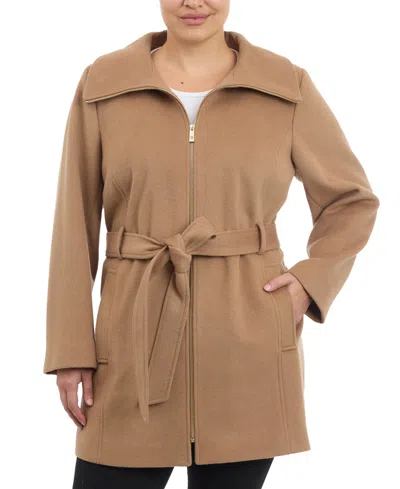 Michael Kors Michael  Plus Size Belted Zip-front Coat, Created For Macy's In Dark Camel