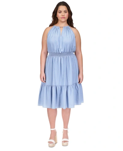 Michael Kors Michael  Plus Size Chain-neck Smocked-waist Tiered Dress In Sky Blue Wash