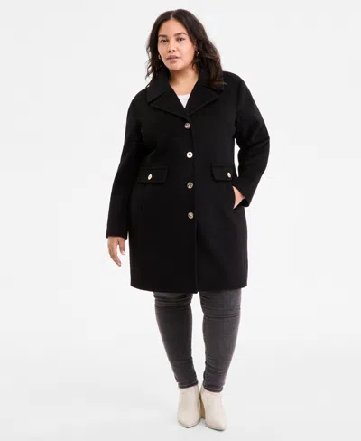 Michael Kors Michael  Plus Size Collared Button-front Coat, Exclusively At Macy's In Black