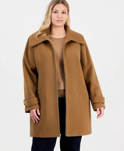 Michael Kors Michael  Plus Size Collared Zip-front Coat In Brown
