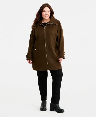 Michael Kors Michael  Plus Size Collared Zip-front Coat In Brown