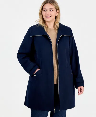Michael Kors Michael  Plus Size Collared Zip-front Coat In Blue