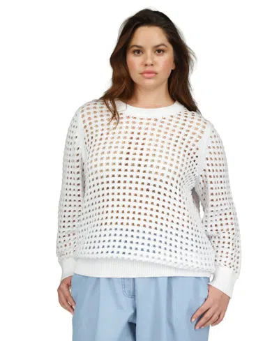Michael Kors Michael  Plus Size Cotton Openwork Mesh Sweater In White