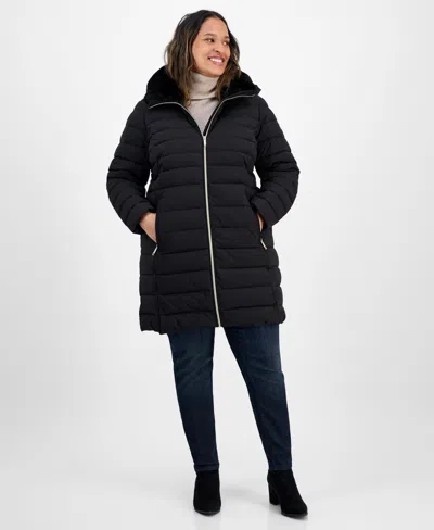 Michael Kors Michael  Plus Size Faux-fur-trim Hooded Puffer Coat In Black