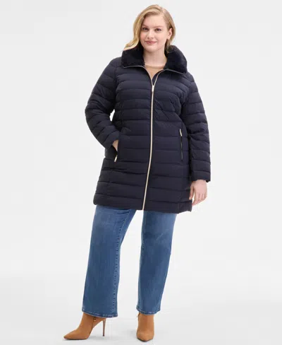 Michael Kors Michael  Plus Size Faux-fur-trim Hooded Puffer Coat In Blue