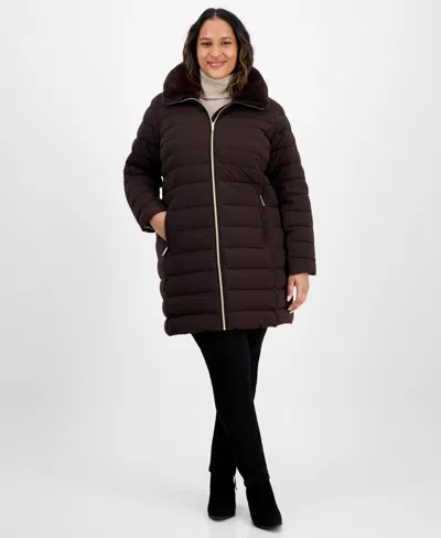 Michael Kors Michael  Plus Size Faux-fur-trim Hooded Puffer Coat In Brown