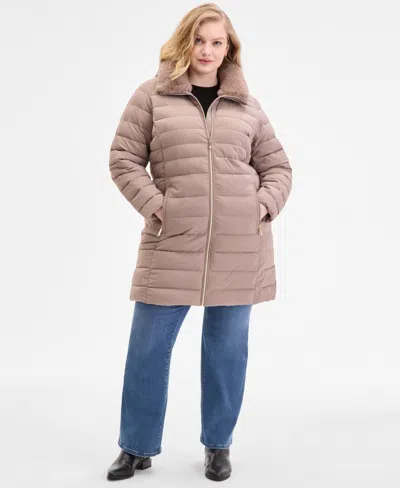Michael Kors Michael  Plus Size Faux-fur-trim Hooded Puffer Coat In Brown