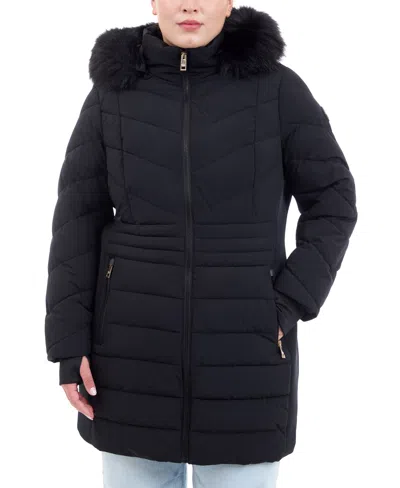Michael Kors Michael  Plus Size Faux-fur-trim Hooded Puffer Coat, Created For Macy's In Black