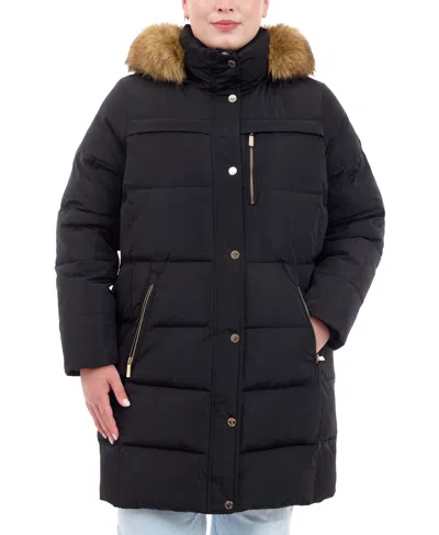 Michael Kors Michael  Plus Size Faux-fur-trim Hooded Puffer Coat, Created For Macy's In Black