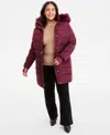 Michael Kors Michael  Plus Size Faux-fur-trim Hooded Puffer Coat, Exclusively At Macy's In Burgundy