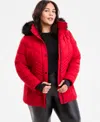 Michael Kors Michael  Plus Size Faux-fur-trim Hooded Puffer Coat, Exclusively At Macy's In Red