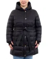 Michael Kors Michael  Plus Size Hooded Belted Down Puffer Coat, Created For Macy's In Black