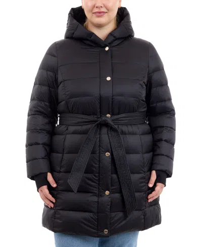 Michael Kors Michael  Plus Size Hooded Belted Down Puffer Coat, Created For Macy's In Black