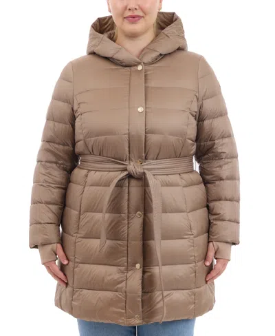 Michael Kors Michael  Plus Size Hooded Belted Down Puffer Coat, Created For Macy's In Taupe