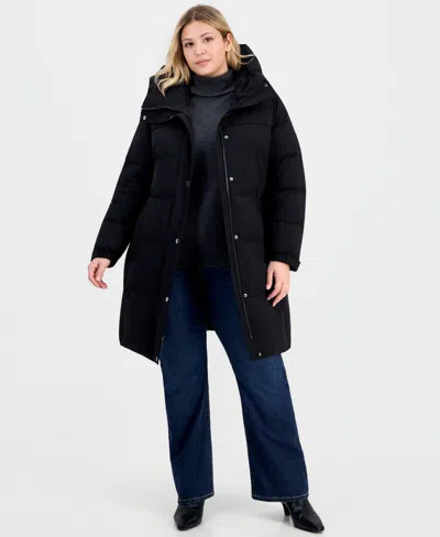 Michael Kors Michael  Plus Size Hooded Belted Puffer Coat In Black