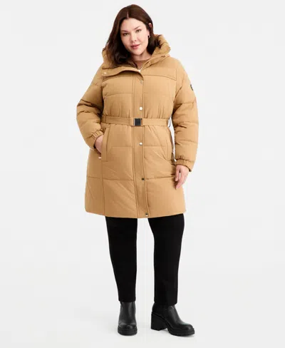 Michael Kors Michael  Plus Size Hooded Belted Puffer Coat In Brown