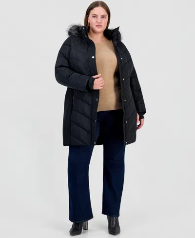 Michael Kors Michael  Plus Size Hooded Faux Fur Trim Puffer Coat, Created For Macy's In Black