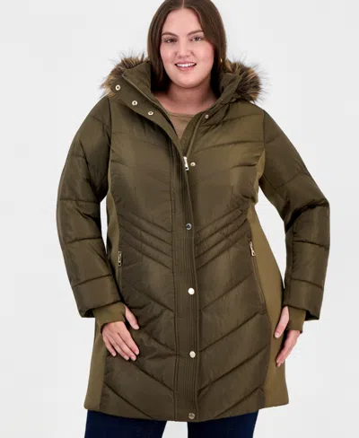 Michael Kors Michael  Plus Size Hooded Faux Fur Trim Puffer Coat, Created For Macy's In Green