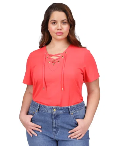 Michael Kors Michael  Plus Size Lace-up Short-sleeve T-shirt In Sea Coral