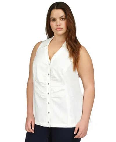 Michael Kors Michael  Plus Size Linen Button-front Sleeveless Top In White