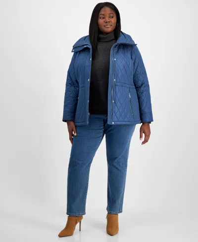 Michael Kors Michael  Plus Size Quilted Hooded Anorak Coat In Dark Chambray