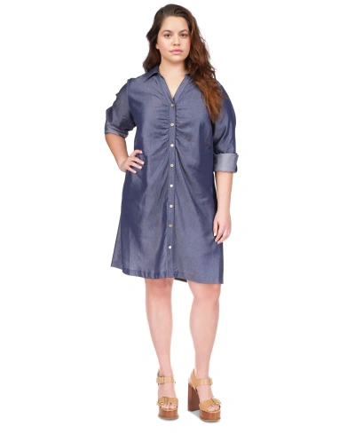 Michael Kors Michael  Plus Size Ruched-front Shirtdress In Indigo Rinse Wash