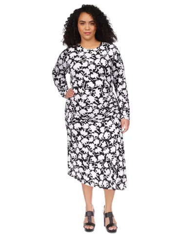 Michael Kors Michael  Plus Size Ruched Knit Asymmetrical Midi Dress In Black,white