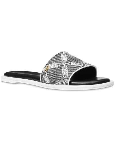 Michael Kors Michael  Saylor Logo Embroidered Slide Sandals In Black,optic White