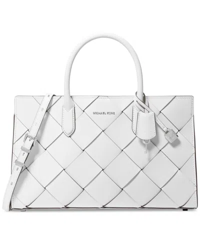 Michael Kors Michael  Scarlett Medium Woven Leather East West Satchel In Optic White