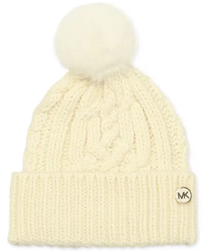 Michael Kors Michael  Soft Knit Tangled Aran Cuff Pom Beanie In Cream