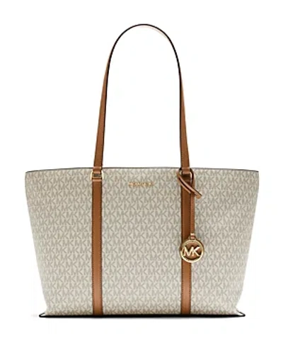 Michael Kors Michael  Temple Logo Large Tote In Vanilla/acorn