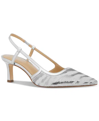 Michael Kors Michael  Women's Alora Pointed Toe Mid Heel Slingback Pumps In Optic White,silver