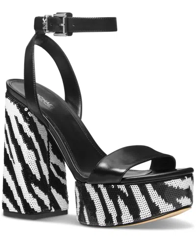 Michael Kors Michael  Women's Ashton Zebra Sequin High Heel Platform Sandals In Black,optic White