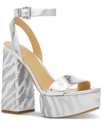 Michael Kors Michael  Women's Ashton Zebra Sequin High Heel Platform Sandals In Optic White,silver