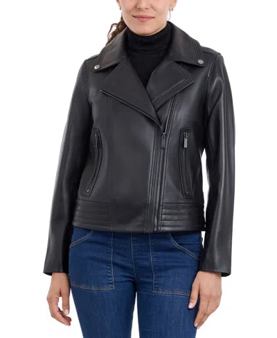 Michael Kors Michael  Women's Asymmetric Leather Moto Coat In Black