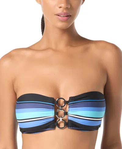 Michael Kors Michael  Womens Bandeau Ring Bikini Top High Leg Bikini Bottoms In Black,blue Multi