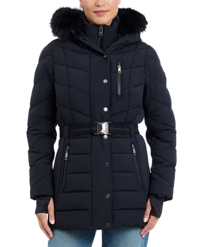 Michael Kors Michael  Plus Size Belted Faux-fur-trim Hooded Puffer Coat In Black